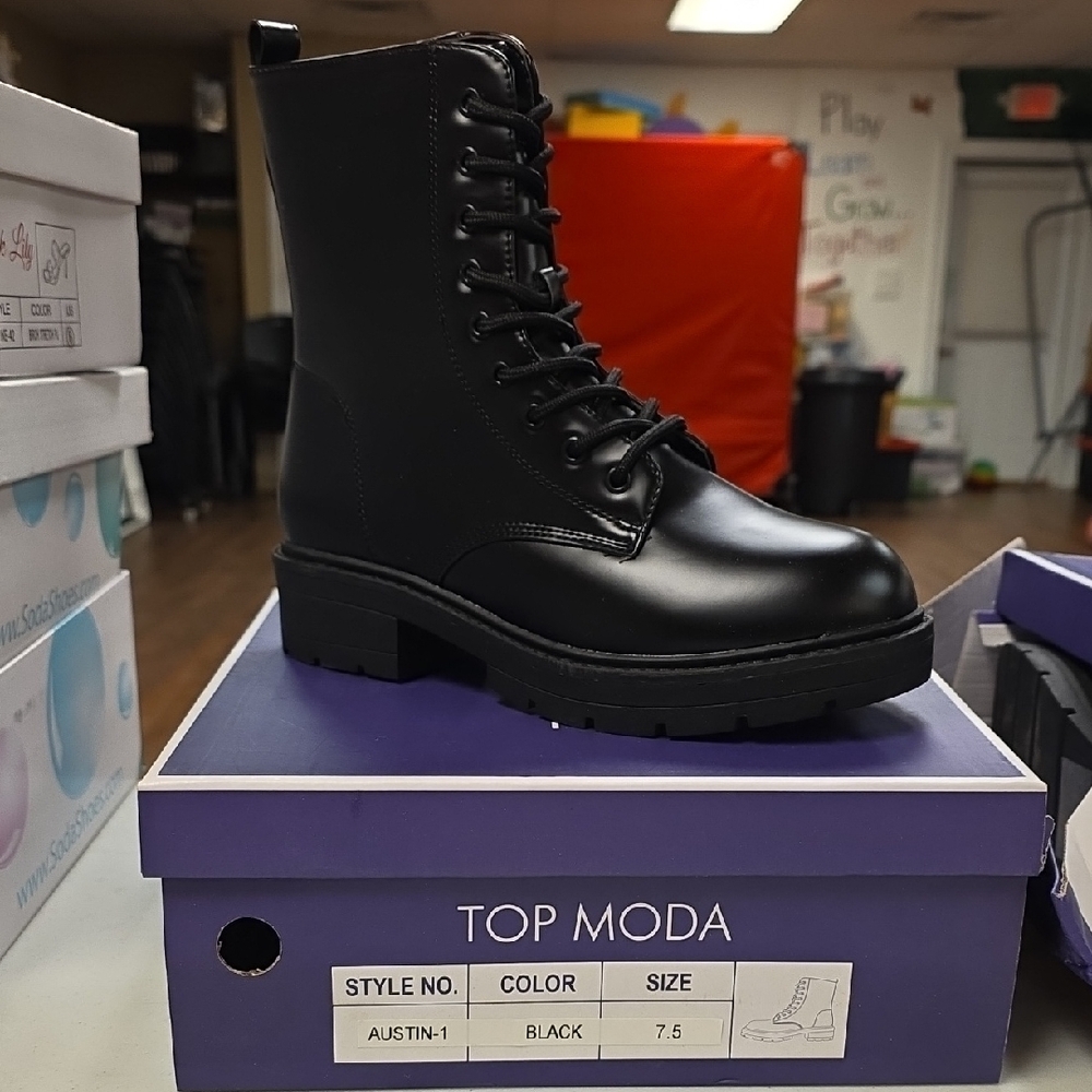 TOP Moda Black Lace-Up Combat Boots with Lug Sole